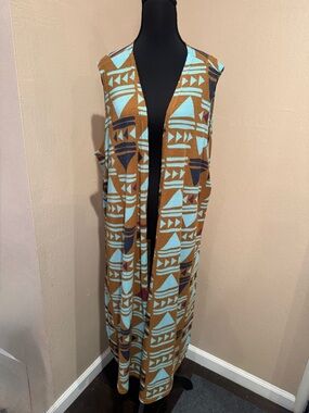 LuLaRoe Light Blue Turquoise, and Brown Geometric Long Open Front Duster